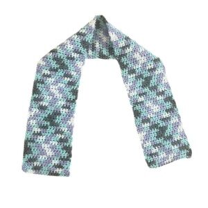 Handmade short scarf, teal, purple, gray and white.
